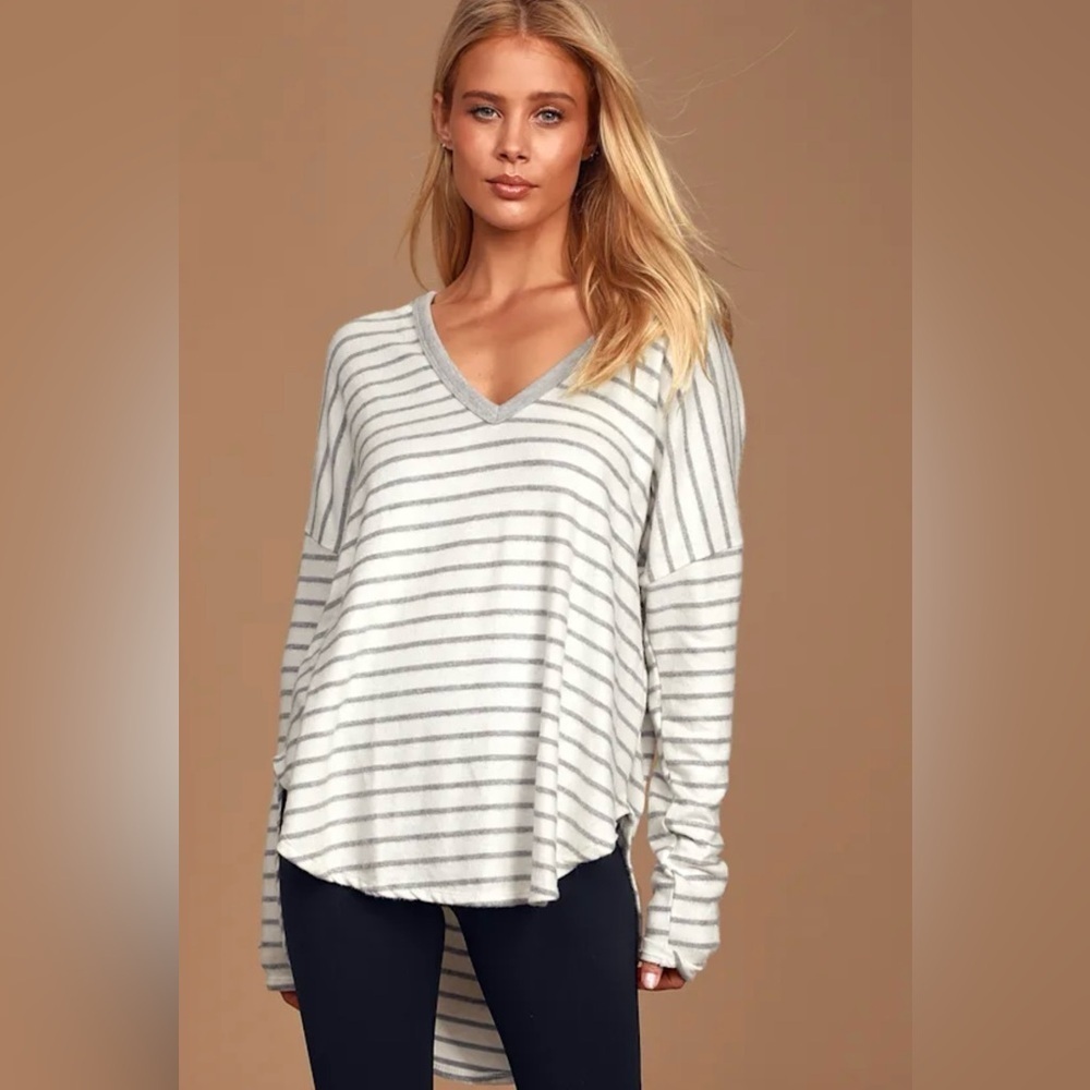 Lulus Act Casual White and Grey Super Soft Striped Hoodie